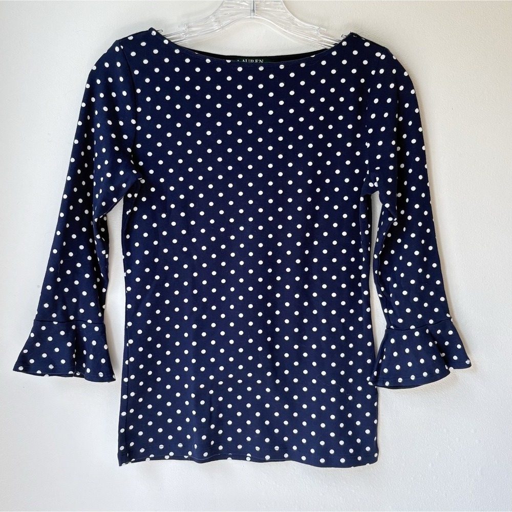 Vtg Lauren Ralph Lauren Polka Dot Bell Sleeved Top Small Navy White Old Money